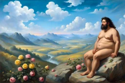 a handsome, fat man with a well-groomed, bearded face and long, black curly hair. He is sitting naked on a rock, surrounded by a picturesque valley adorned with pink and yellow rose flowers. The spring sky above is adorned with breathtakingly beautiful clouds. like oil paintings 19th century