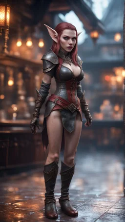 full figure with metallic stone gauntlets, standing on wet tiled floor outside fantasy tavern, female vampire elf from worms armageddon wearing makeup, bokeh like f/0.8, tilt-shift lens 8k, high detail, smooth render, down-light, unreal engine, prize winning