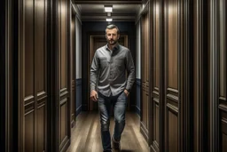 man in jeans and a shirt standing in a corridor of doors