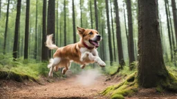 dog jumping in the forest