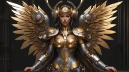 Lady Angel cyborg straddle wings, detailed, intricate,gears cogs cables wires circuits, gold silver chrome copper