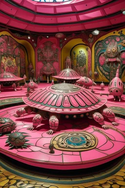 A pink cybernetic realm with pixie turtles designed in Kuna molas painted by Salvador Dali