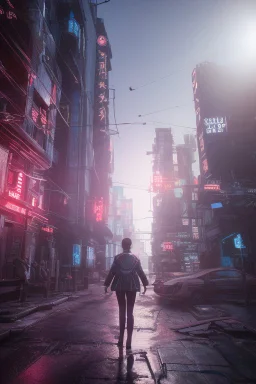 4k, hyper-realistic, Ultra-HD, Ray-tracing, cyberpunk, cybernetics, Asian, Female, short, jacket, carrying pistol, hacker, night time, bright signs, lively city