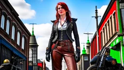 full-height portrait of a woman with straight shoulder-length auburn hair, with metal arms and legs, dressed in leather trousers, and a waistcoat, in a Victorian street next to a steampunk motorbike blue sky