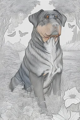 Rottweiler in a fantasy world colouring page