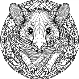 Possum, mandala, minimal lines, cartoon, white back ground color, real style, realistic, minimalistic, minimal black line art, line art, crisp line art, unique coloring sheet, outlined, outline, crisp, crisp line edges, illustration, thin lines, crisp clear lines, line art, clean line art, unique, 8k, amazing, masterpiece, no colors, no dark color, no black color, avoid thick black, minimalistic line edges, pure white back ground, image character full fit to page,