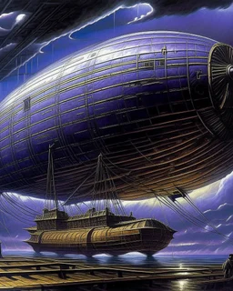 A violet airship in a thunderstorm designed in ancient Egyptian hieroglyphics painted by Frank Lloyd Wright