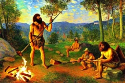 Impressionism, caveman holding a club, cave, cave bear, campfire, stone age, dawn, fine detail, high quality,