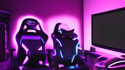 Dark purple and black gaming room with neon lights, gaming chair and PC with RGBs, realistic style, black cat sitting on the chair