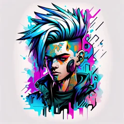 Tshirt design, cyberpunk, art boys for style tattoo, abstract color hair, a written name text "digi", Grafity style, White background.