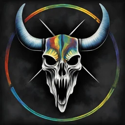 Iconic Pink Floyd's "dark Side of the Moon" album cover but instead it's made for "Danzig", Danzig's bull skull logo, by George Hardie, sinister, devil music, dark color spectrum.