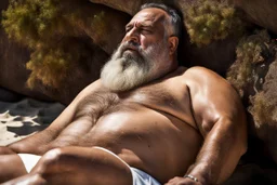 full figure shot photography of a tired strong muscular chubby burly 54 years old ugly arab carpenter, big nose, bullneck, long beard, short hair, shirtless, manly chest, white shorts, bulge, emotive eyes , lying down relaxed belly up, on the beach in the sun, big shoulders, side light, sweat and wet, top view, aerial view