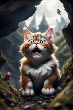 big scary cat seen from the below the ground, a tiny gnome hiding