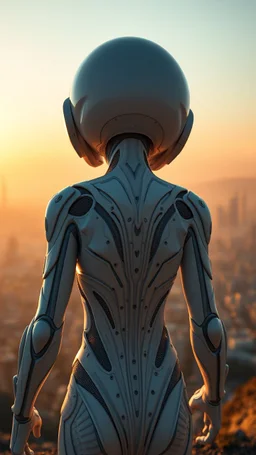 Photoreal Gorgeous godlike white alien cyborg rear view looking over a futuristic nuclear distraction of a city on the horizon in mystical haze at golden hour , otherworldly creature, in the style of fantasy movies, photorealistic, bokeh masterpiece smooth shading, ultra detailed, high resolution, cinematic, unreal 6, subtle shadows, octane render, 8k, cinema 4d, HDR, dust effect, vivid colors