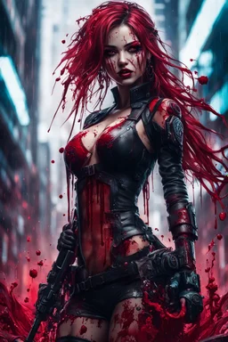 beautiful cyberpunk girl, fullbody, splashes blood, behind guts rising from the ground, intricate, darkred tones, macro photography,