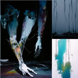 Minimal abstract oil paintings close up person limbs sinew and concrete fragments illuminated at night style of Justin Mortimer