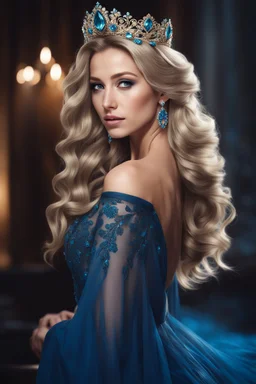 a woman with long hair wearing a blue dress, ultra realistic fantasy tiara, hair texture, style of aenami alena, hair jewellery, expensive voluminous dress, cover magazine, blond brown long hair, liberty curls