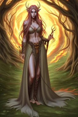 Female eladrin druid that has fire abilities. Long hair that has fire texture. Has a big scar on face after a animal attack.