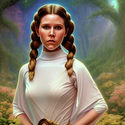 hyperspace background, complete and photo realistic detailed head to waist stunning photo realistic portrait of young carrie fisher as Princess Leia in star wars with photo realistic hairstyle by Mandy Jurgens and mucha and Richard Schmid and chuck close and chie yoshii, extraordinary and detailed ceremony dress of star wars,brown eyes