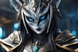 kindred with her mask in 8k anime realistic drawing style, ronin custom, rain, apocalypse, intricate details, highly detailed, high details, detailed portrait, masterpiece,ultra detailed, ultra quality