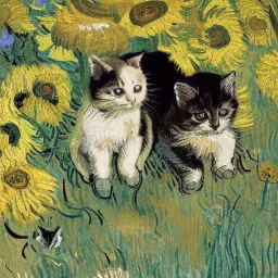 Portrait of kittens in a flower garden by Van Gogh