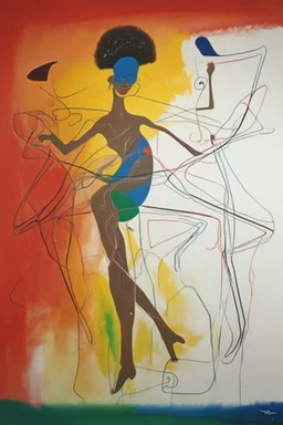 Reprezentare grafica minimal art a unei compozitii de arta moderna figurativa reprezentand un dans african , cu multe detalii, formalizata dupa modelul mixat a lui Dali cu Picasso în stilul combinat acuarelei moale a lui Joan Miro si cu filigran lineart minimal a lui Jean Cocteau cu Paleta de culori impresionista cu culori putine si tari. Fond alb si linii color subtiri si paralele cu umbre de hasuri