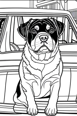 outline art for real Rottweiler DOGS-IN-CARS Coloring page, Japanese manga style, cartoon style, cute face, white background sketch style, full body is a must, only use outline, clean line art, no shadow, bold outlineMasterpiece, Ominous, Golden Ratio, Highly Detailed, photo, poster, fashion, illustration