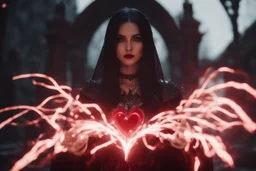 gorgeous shot of a goth female, darkred slime, Wizard girl with a heart bleed in her hands, half demon and half angel, sparks around, 8k, high detail, smooth render, unreal engine 5, cinema 4d, HDR,