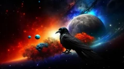 Crow in a space an the background of planets, souls, tree of life