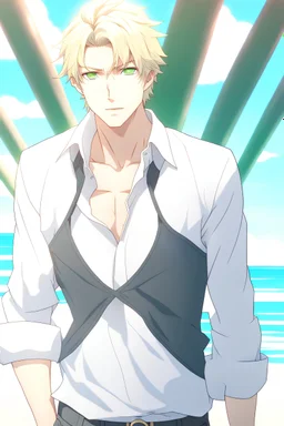 The handsome and perfect portrait is on Spruce Street, anime, blonde-haired and green-eyed male character on the beach for the magazine, 8K resolution, high quality, ultra graphics, and detailed with lines.