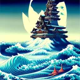 kanagawas wave with modern towers and high buidings in the background by Hokusai, origami style, paper cut style