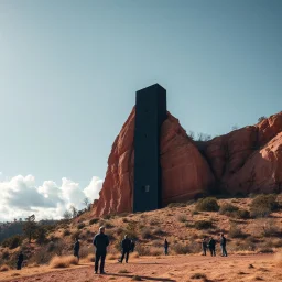 Fotografia di un paesaggio collinare con cielo illiminato da luce meridiana e una costruzione nera alta ricavata su una parete rocciosa rossa. PL'immagine ha un'estetica surreale, in cui i dettagli architettonici e i personaggi contribuiscono a creare un'atmosfera di isolamento. Persone osservano. Il cielo limpido e le nuvole bianche contrastano con lo scenario in primo piano, accentuando l'atmosfera sospesa e drammatica