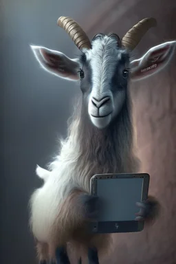 Cute goat holding ipad, dramatic lighting, matte painting, highly detailed, cgsociety, hyperrealistic, --no dof, --ar 2:1