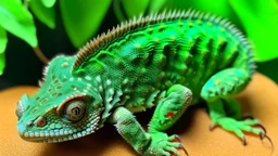 The chameleon's skin, a mottled jade green