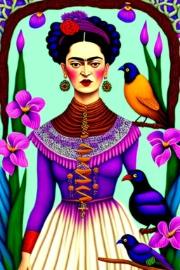 Friendly Frida Kahlo as a witch, playing with crows, perfect iris, pastel colours, style Beatrix Potter