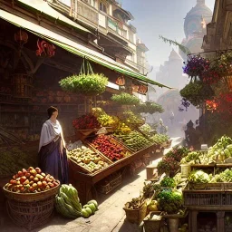 A greengrocer in colorful ancient city+alphonse mucha, greg rutkowski,matte painting, cryengine, hyper detailed, felix kelly, fantasy art, seb mckinnon