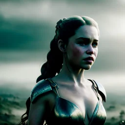 only perfect emilia clarke face, wearing dragon armor. fly hair, viking, village, highly realistic, highly detailed, mist around, smoke, particles, fog