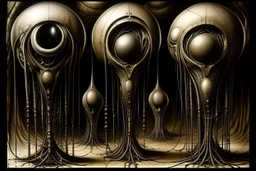 recursive alien life suspension pods eschatology, minimalist composition, by Lee Bontecou and H.R. Giger, abstract surreal art