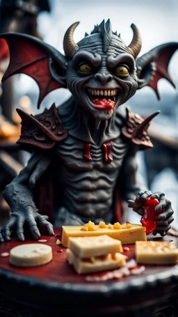 full body portrait of a vampire werewolf gremlin gargoyle eating cheese doodles and the blood of fish on a viking ship, in the style of Giger,bokeh like f/0.8, tilt-shift lens 8k, high detail, smooth render, down-light, unreal engine, prize winning