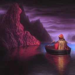 Charon the ferryman in his boat on the river Styx, red black purple colours, 8k, high definition, fantasy art, winding river, sharp jagged rocks, high contrast colours, sharp colours