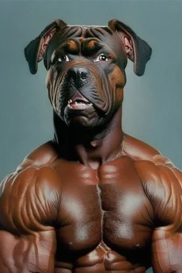 Bodybuilder Lee Haney with the face of a Rottweiler dog A dog's head instead of a person's head Only the player's body with a bulldog head on it