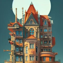 Skyline+interwarmodernism architecture+artdeco german+detailed facades+Book illustration by Gediminas Pranckevičius, Jean Baptiste Monge, Brian Kesinger, Anton fadeev, strong lines, high contrast vibrant colors, highly detailed, 16k resolution, trending on behance""