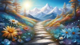 sentiero montano cosparso di cristalli colorati, margherite, topazi smeraldi, cristalli brillanti paesaggio floreale cristalli azzurri e bianchi, sole nascente, cielo azzurro,