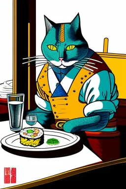 Cat, sitting at a table, eating sushi,perfect iris, ink and pencil, style Tintin