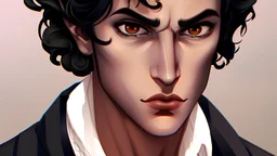 Portrait of male villain and romantic love interest, short dark curly hair and brown eyes, pale complexion, square jaw with stubble