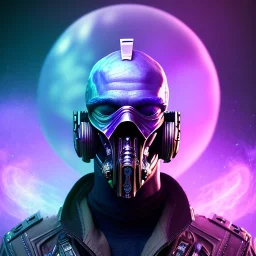 full body apocalyptic purple masked villain in galaxy, teal and purple smoke, detailed, realistic, 4k