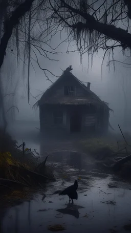 A swamp surrounded by bamboos long trees in cloudy, depressing, foggy, with a dim of light in the distance , there.is an abandoned cottage covered with leaves. A close look of strange scary creature sitting outside the cottage and black crows