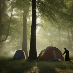 Three men in long hooded robes striding towards a tent in the shade of oak trees at afternoon