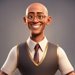 a portrait of smiling man. caricature. bald hair has a bit hair grow. brown skin. black eye pupils. circle eyeglasses with thin gold frame. round face shape. white shirt with black vest. pixar style. 3D. 4k. portrait. highly detailed. sharp focus. high resolution. full color. cinema lighting