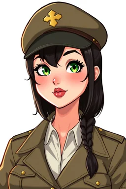 In a realistic, non-anime, vintage cartoon style: Bust shot of 35-year old, chubby Scandinavian dark-haired lady with green eyes and very thick lips who looks hot in modern military uniform with a beret